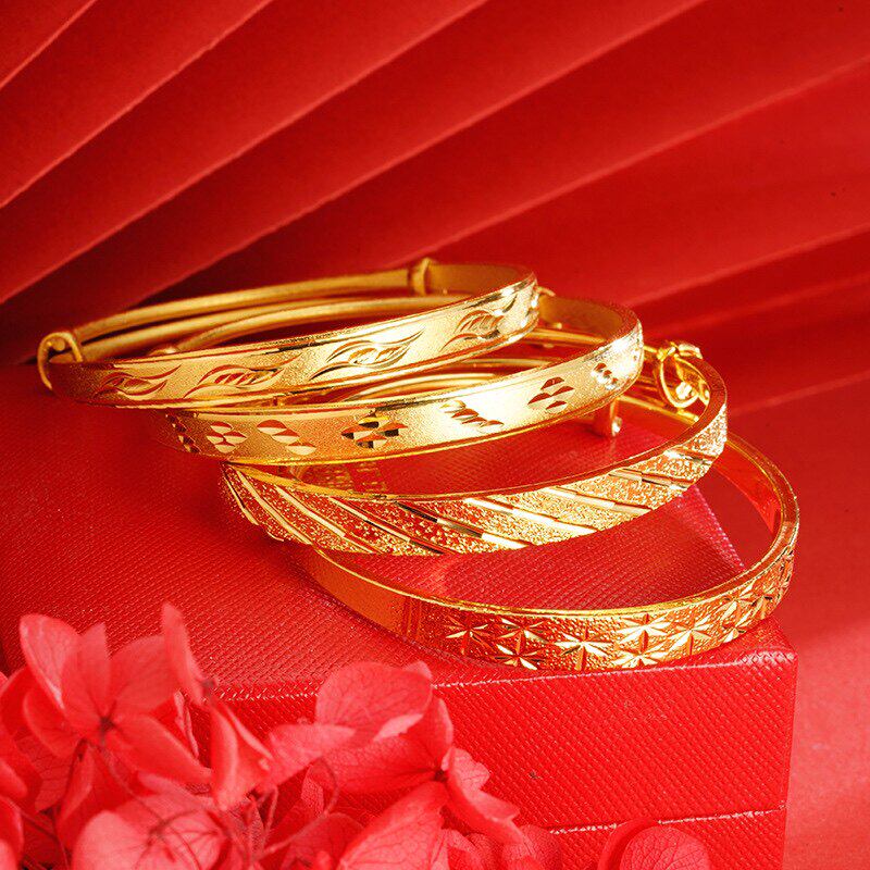 2025新款平面推拉手镯女越南沙金仿真黄金实心正品不掉色妈妈首饰