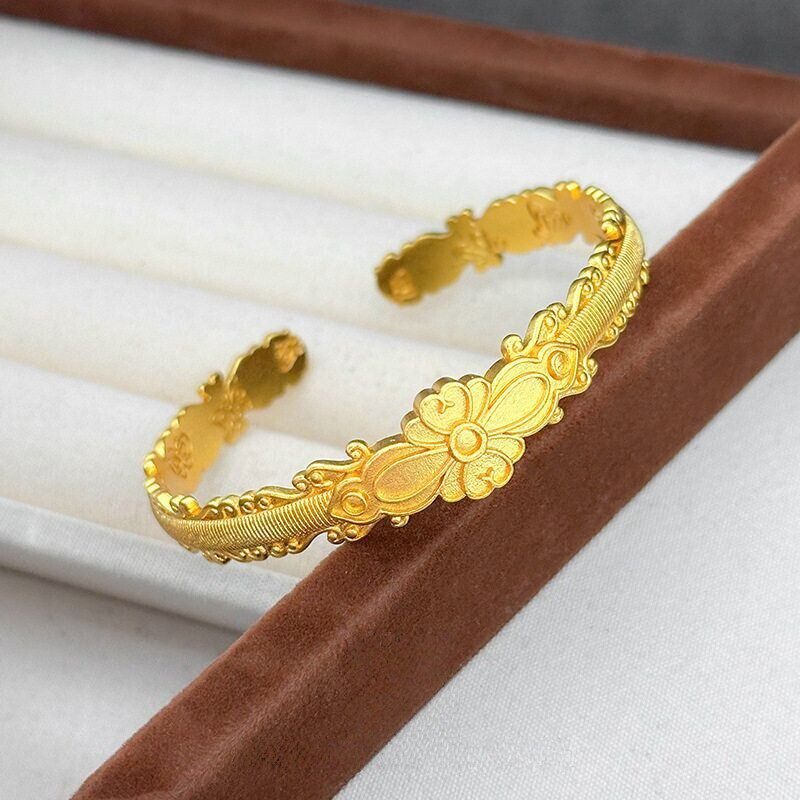 古法金拉丝花朵开口手镯女越南沙金仿真黄金实心正品结婚三金首饰
