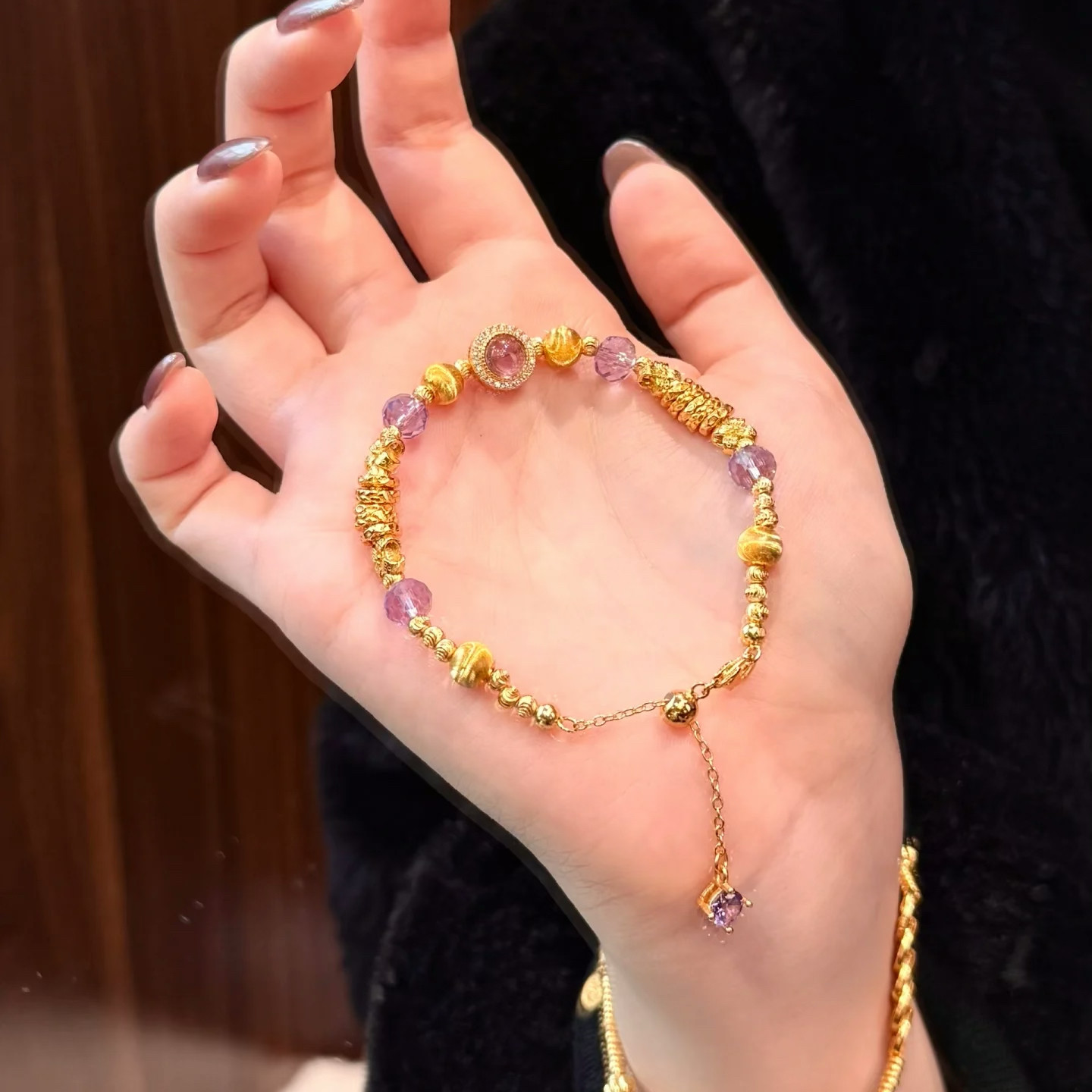 紫水晶盘缠沙金手链女高