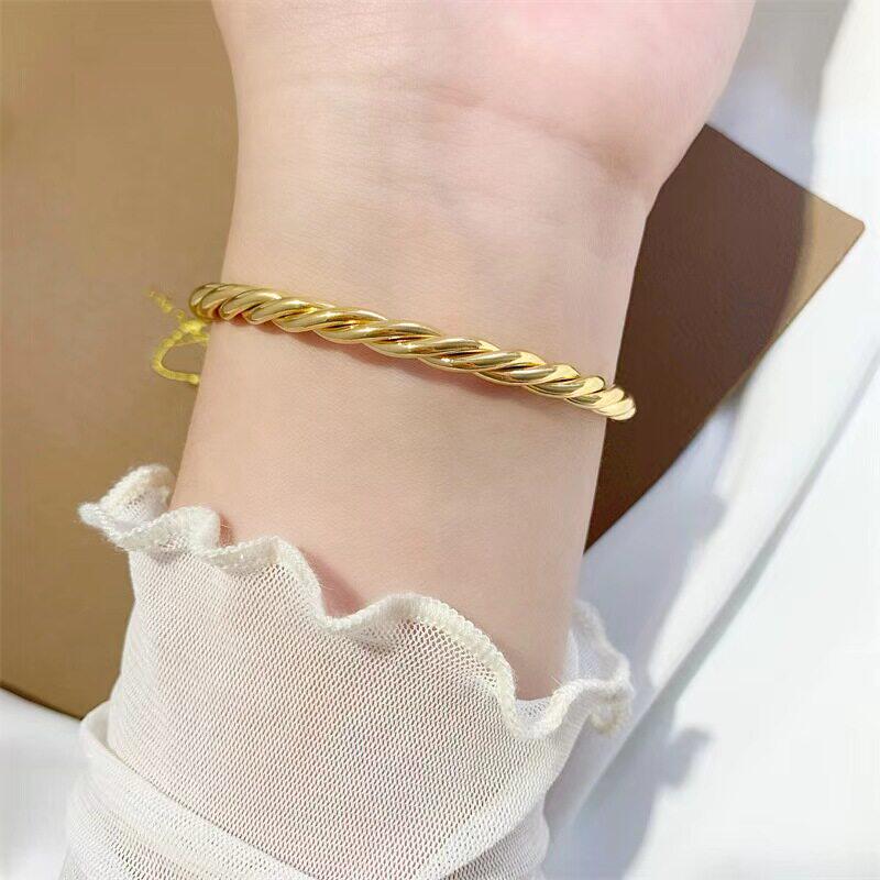 沙金手镯女款越南仿真黄金不掉色推拉可调节麻花手环999实心首饰