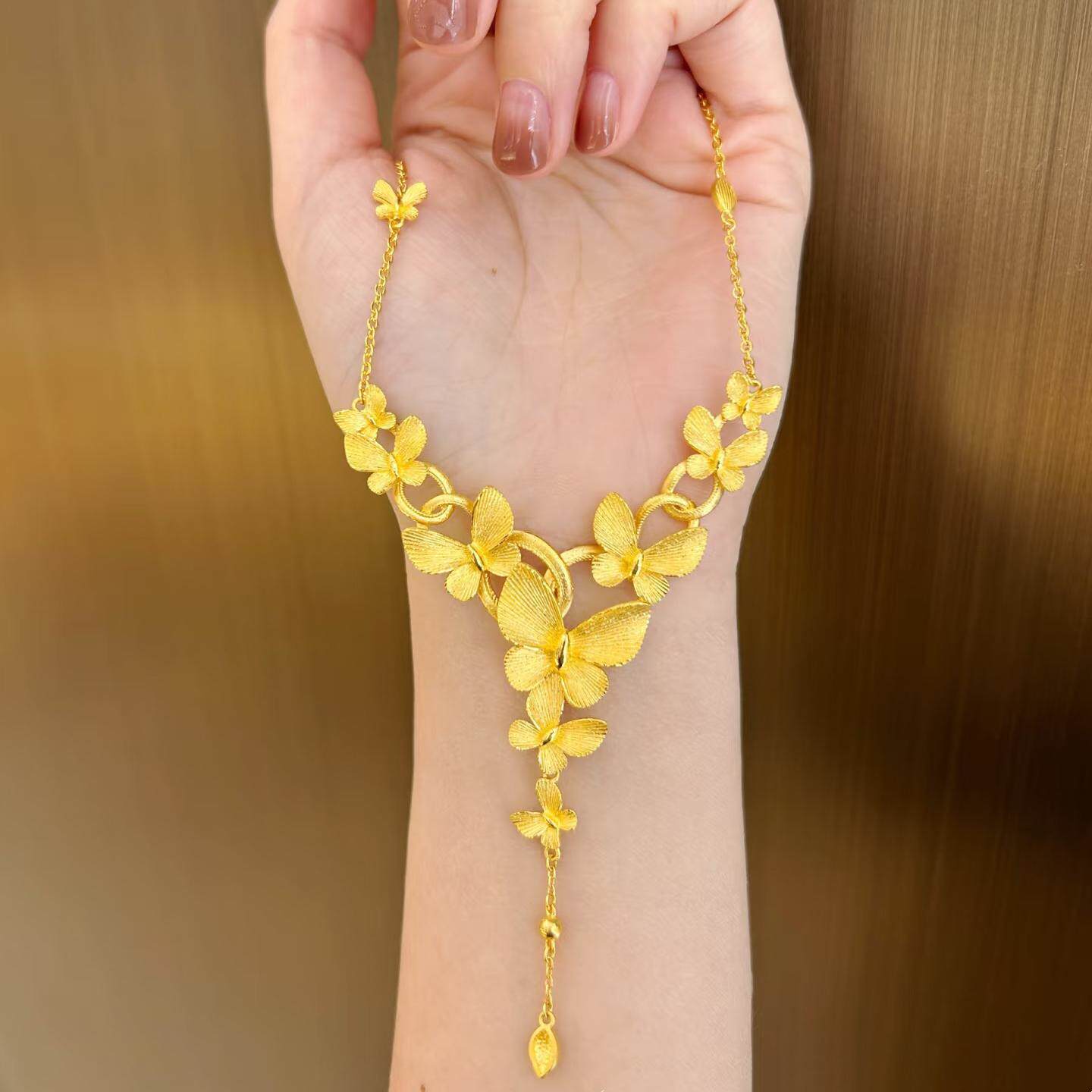 繁花似锦花韵蝴蝶沙金项链黄金色套链颈饰婚嫁花朵五金结婚吊坠女