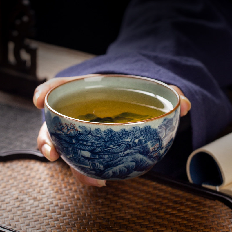 老陶泥柴烧青花山水主人杯景德镇陶瓷茶杯茶具高档手绘品茗杯个人