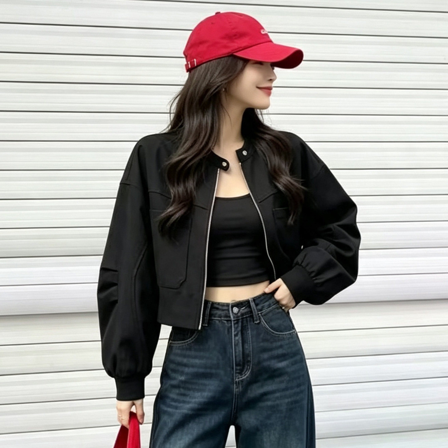 韩版宽松黑色拉链显瘦短外套女秋