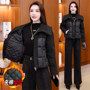 韩系毛呢拼接棉服套装女冬季夹棉加厚外套呢子阔腿裤棉衣两件套装