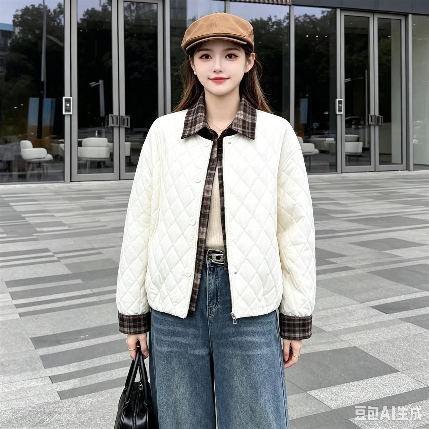 学院风洋气减龄格纹拼接外套女秋