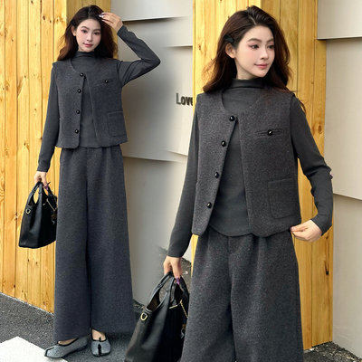 冬季毛呢马甲阔腿裤三件套显瘦女