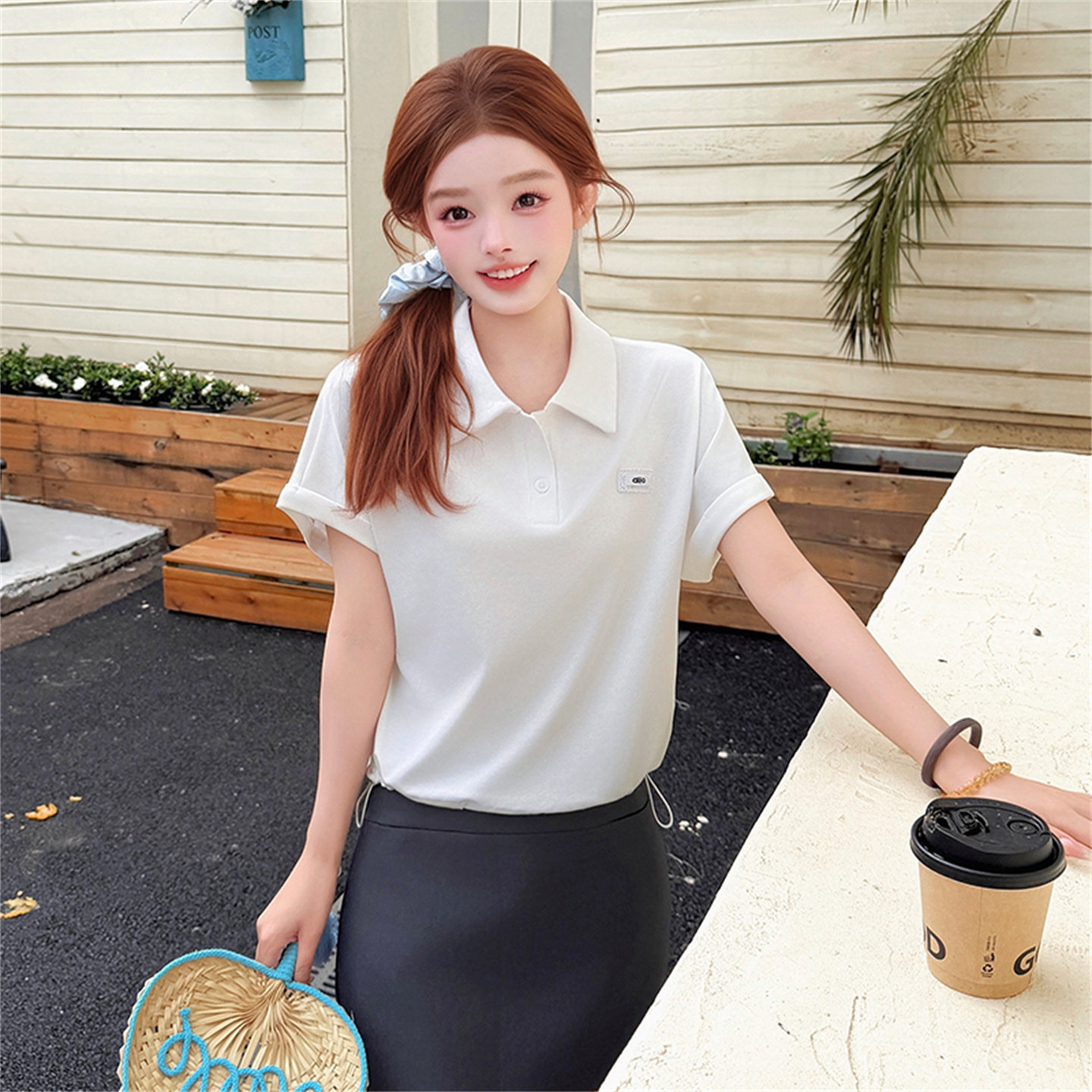 休闲风白色翻领短袖T恤衫女夏季宽松polo领上衣时髦百搭显瘦体恤t