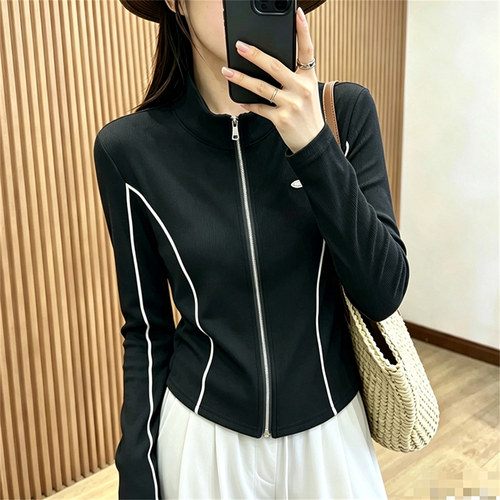 黑色拉链开衫女撞色显瘦T恤上衣t