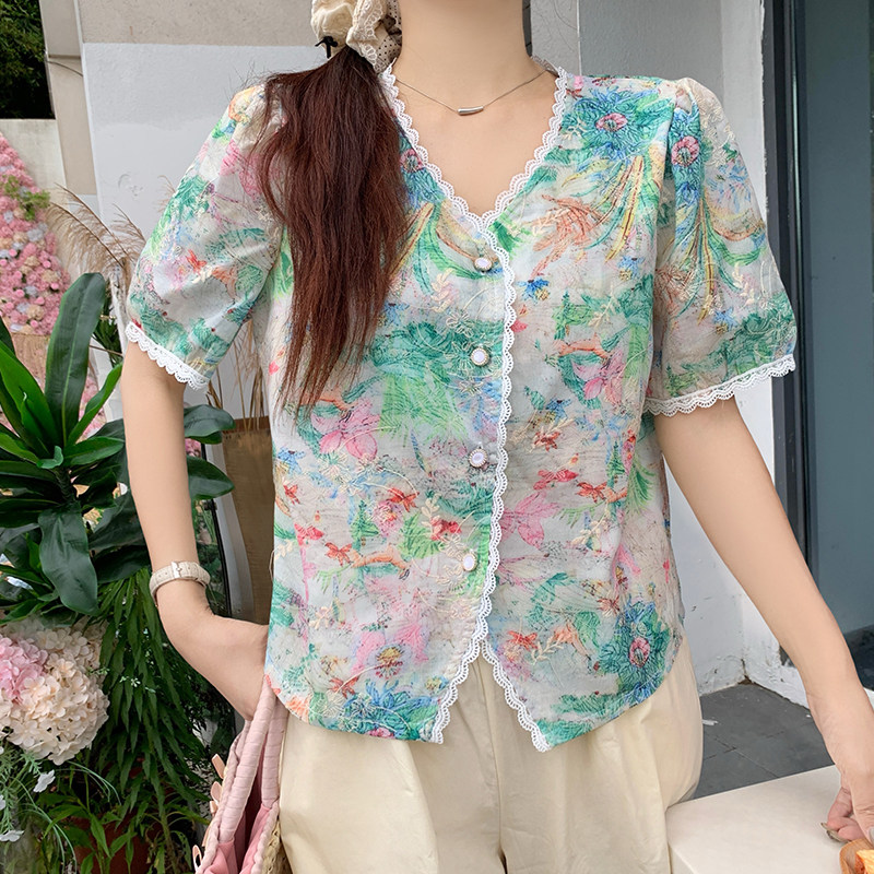 夏季短袖印花纯棉宽松衬衫女时尚刺绣花边衬衣法式碎花减龄上衣潮