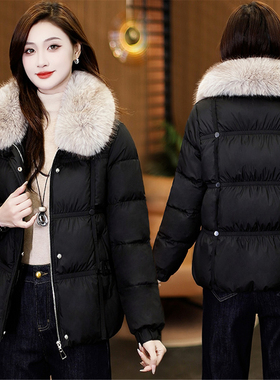 冬季大毛领羽绒棉服女时尚加厚保暖宽松显瘦百搭黑色棉衣棉袄外套