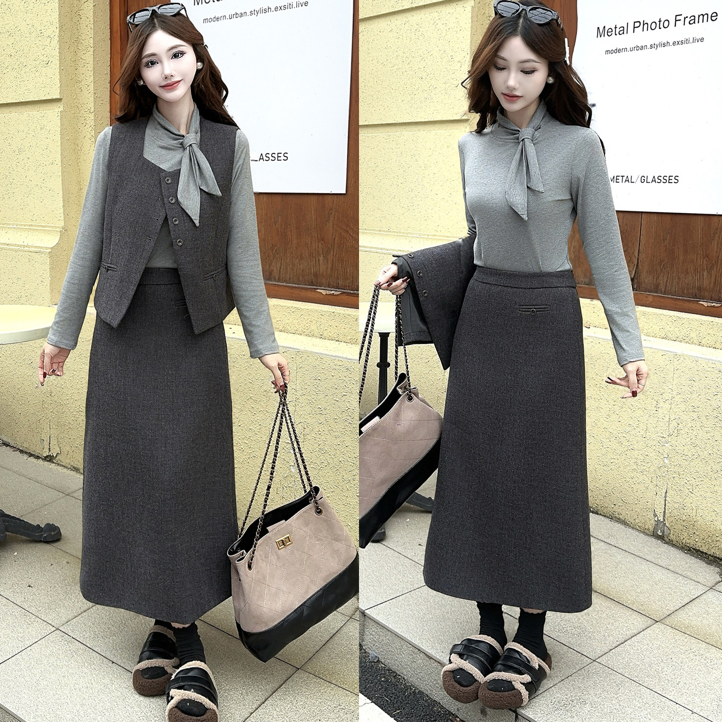 秋冬毛呢套装女洋气显瘦加厚马甲背心打底衫半身裙气质三件套裙子