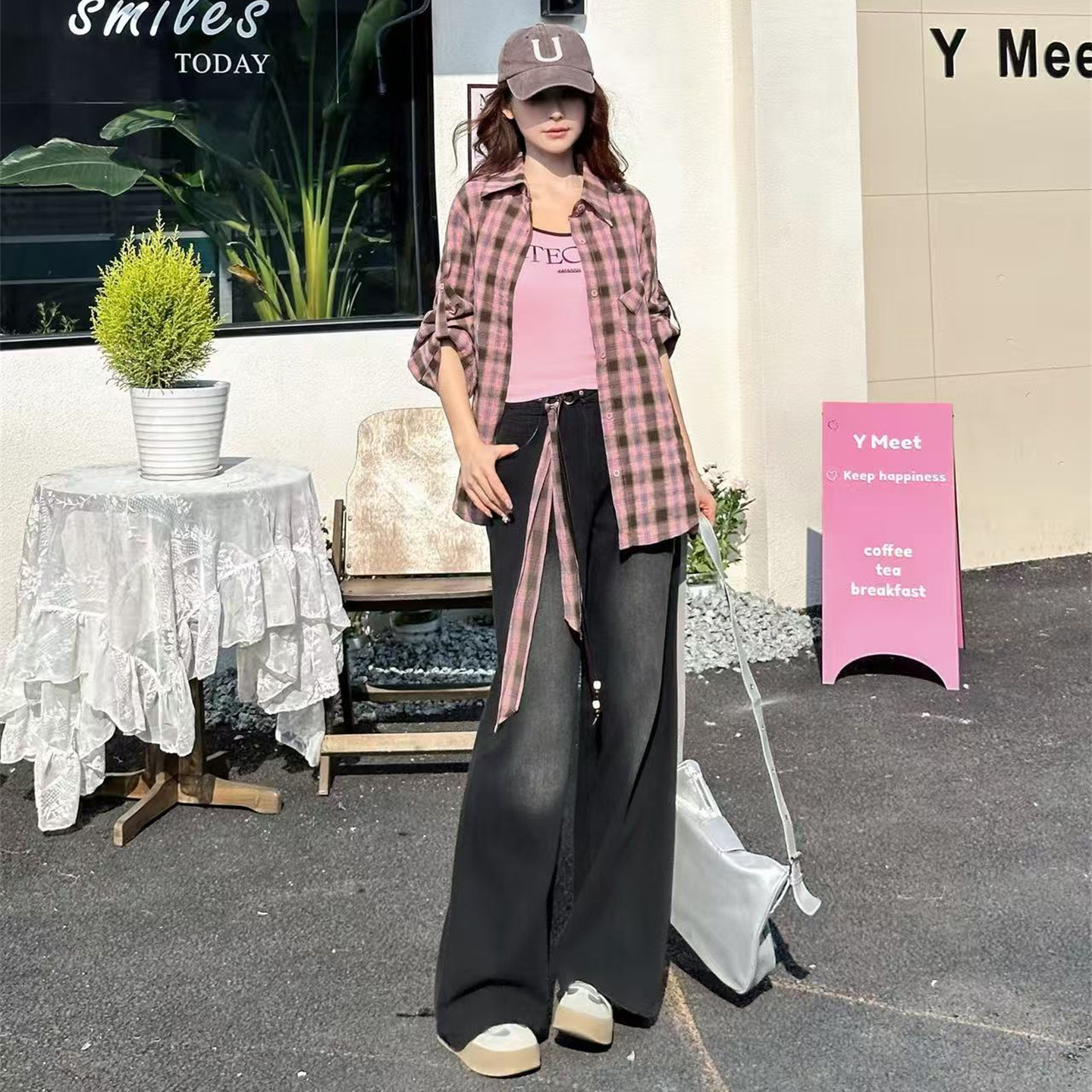 夏美式格子外套牛仔裤酷飒三件套