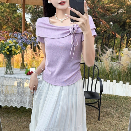 法式甜美方领短袖收腰玫瑰花T恤