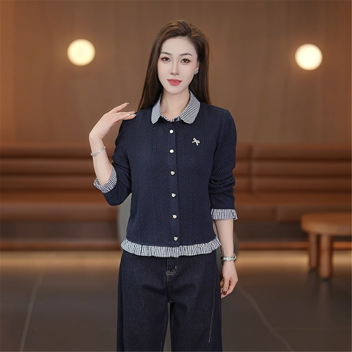 假两件针织衫女2026年春季新款洋气翻领格纹拼接开衫设计感上衣服