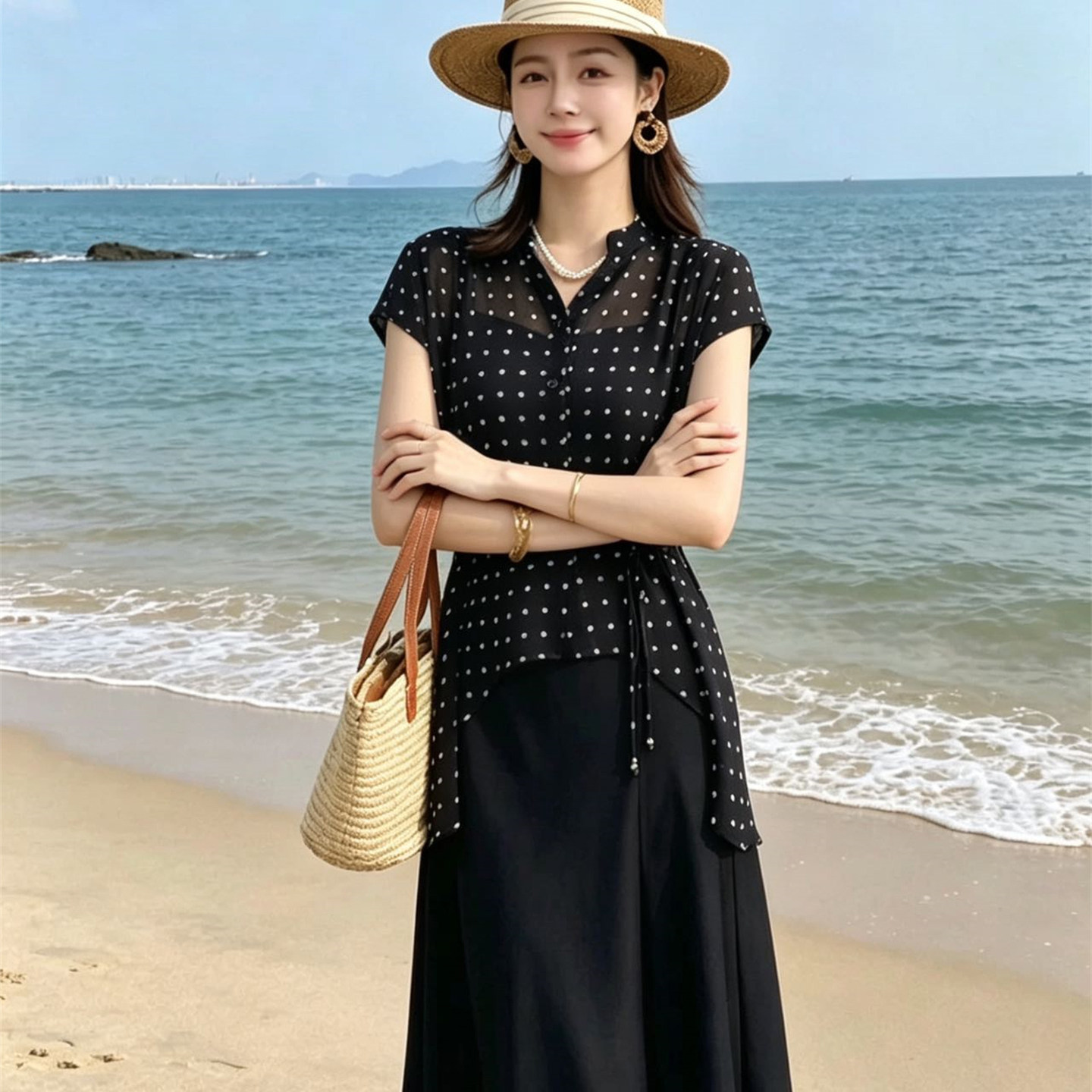 夏季轻熟波点收腰半身裙两件套装