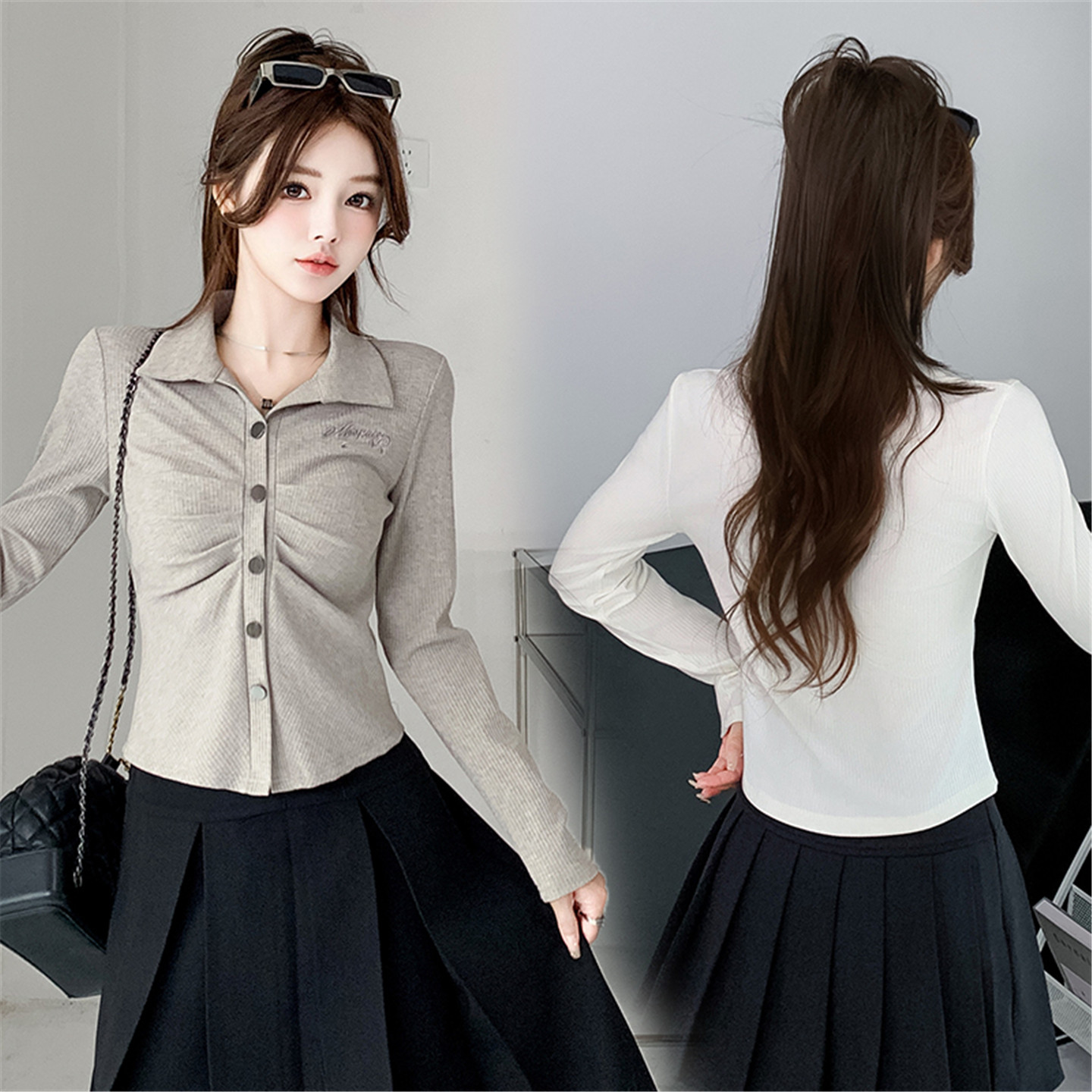 高级感V领打底衫女士春秋长袖正肩POLO领上衣收腰显瘦T恤针织开衫