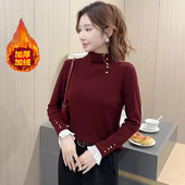 女t时尚 花边袖 保暖上衣修身 秋冬半高领加绒打底衫 显瘦洋气T恤小衫