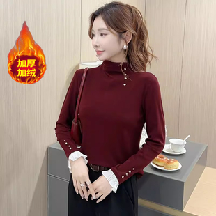 秋冬半高领加绒打底衫女t时尚花边袖保暖上衣修身显瘦洋气T恤小衫