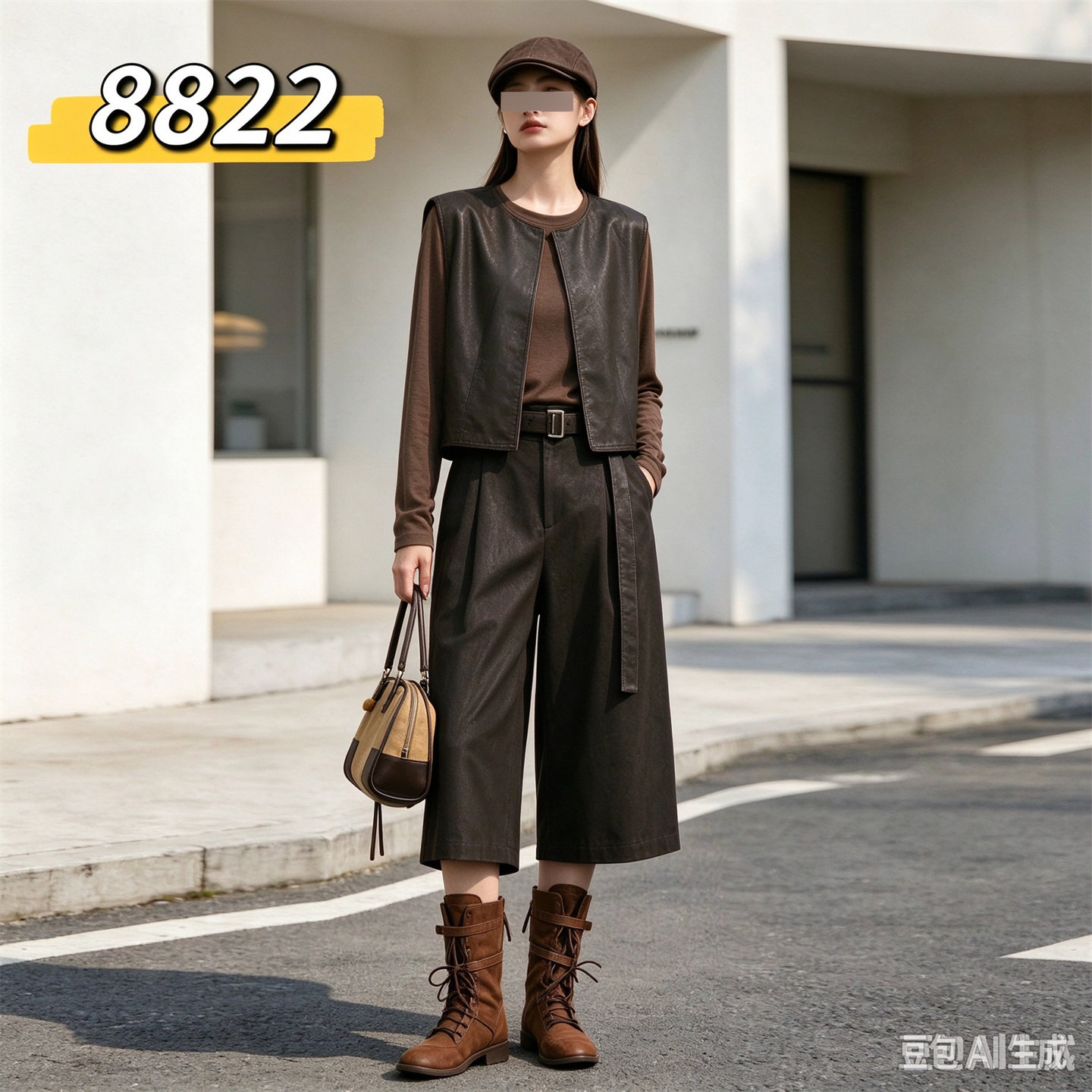 秋季高知PU皮马甲阔腿裤三件套装