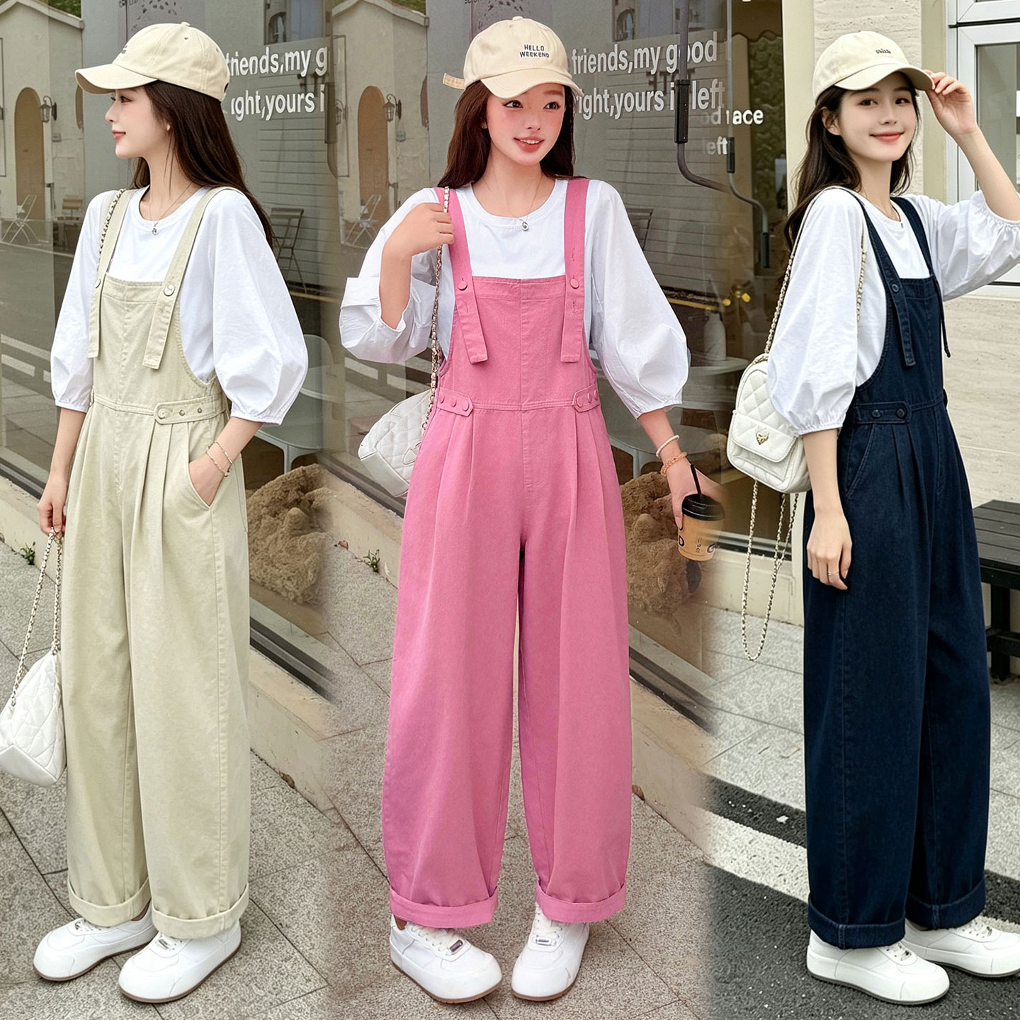 春秋高腰阔腿牛仔背带裤女装减龄