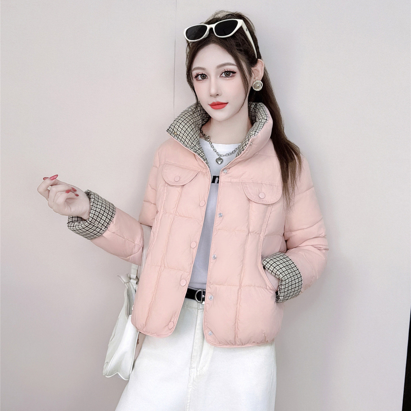 格子拼接短款棉服女2025冬季新款