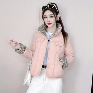 格子拼接短款棉服女2025冬季新款洋气小个子百搭保暖棉衣袄子外套