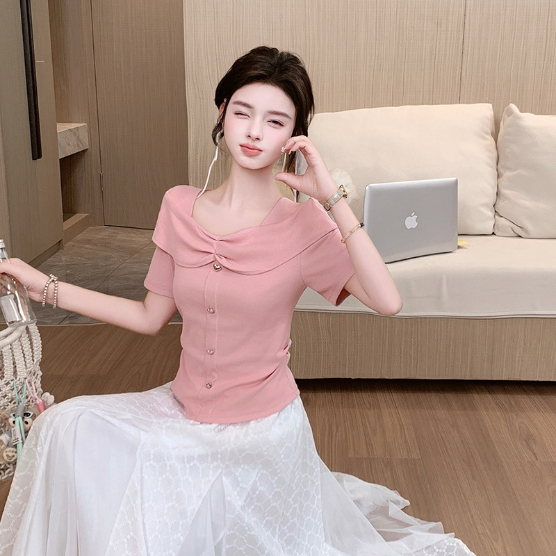 春夏短袖t恤女装时尚洋气方领设计感小众体恤夏天百搭修身显瘦T恤