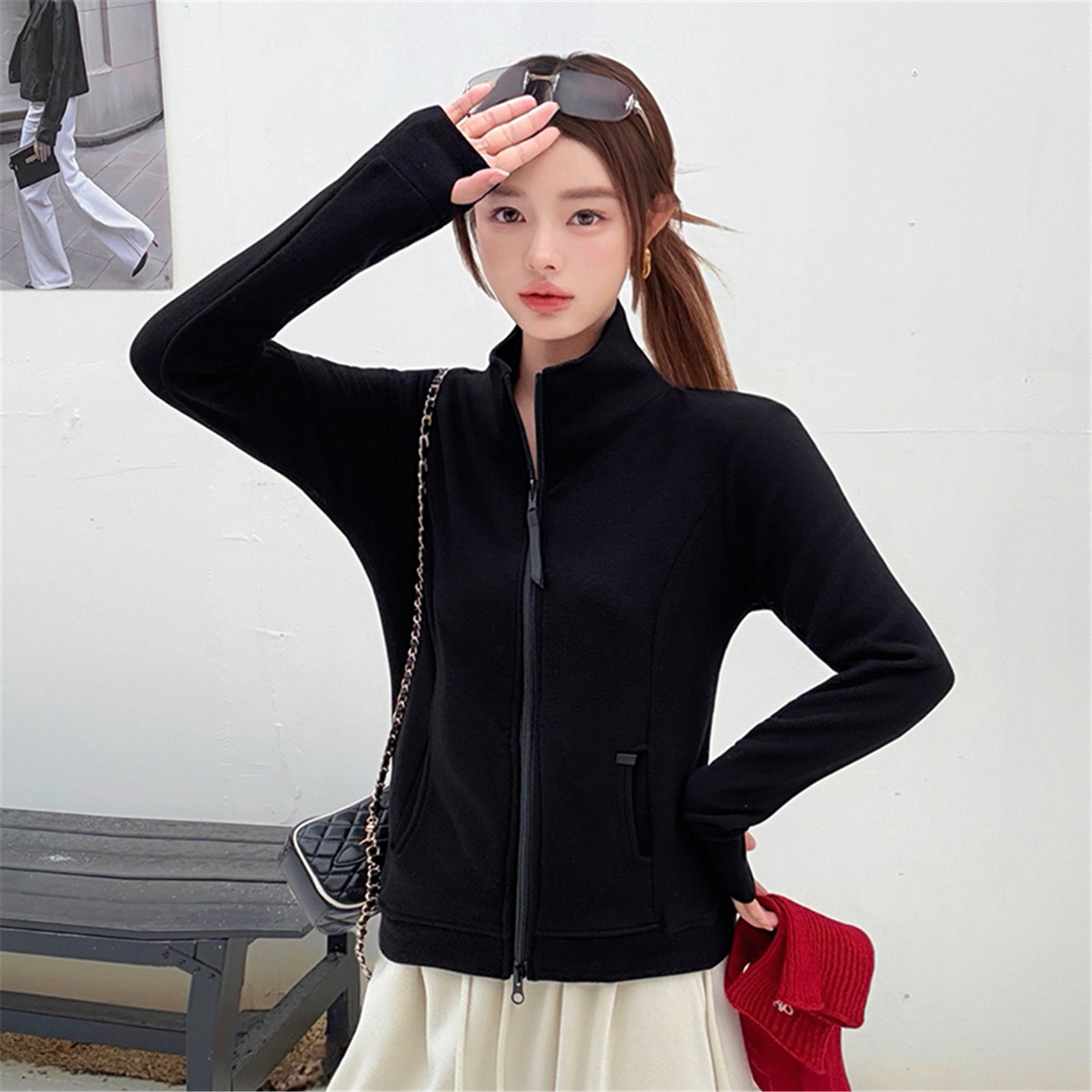 黑色立领拉链卫衣女加厚百搭显瘦开衫外套秋冬时髦减龄休闲上衣服