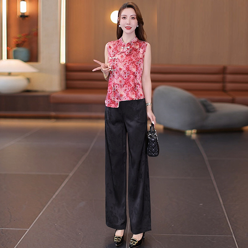 新中式国风高级感时尚套装女夏季提花缎面无袖马甲阔腿裤两件套装