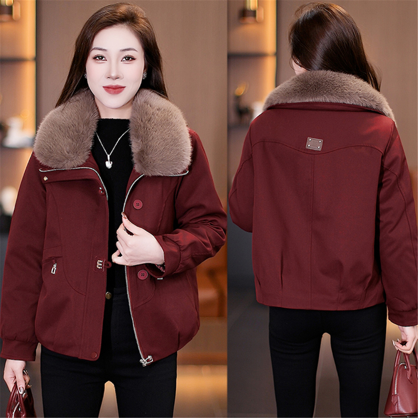 秋冬女大毛领加绒加厚派克服棉服