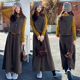 小个子高级感小香风毛呢套装女秋冬西装马甲背心内搭阔腿裤三件套