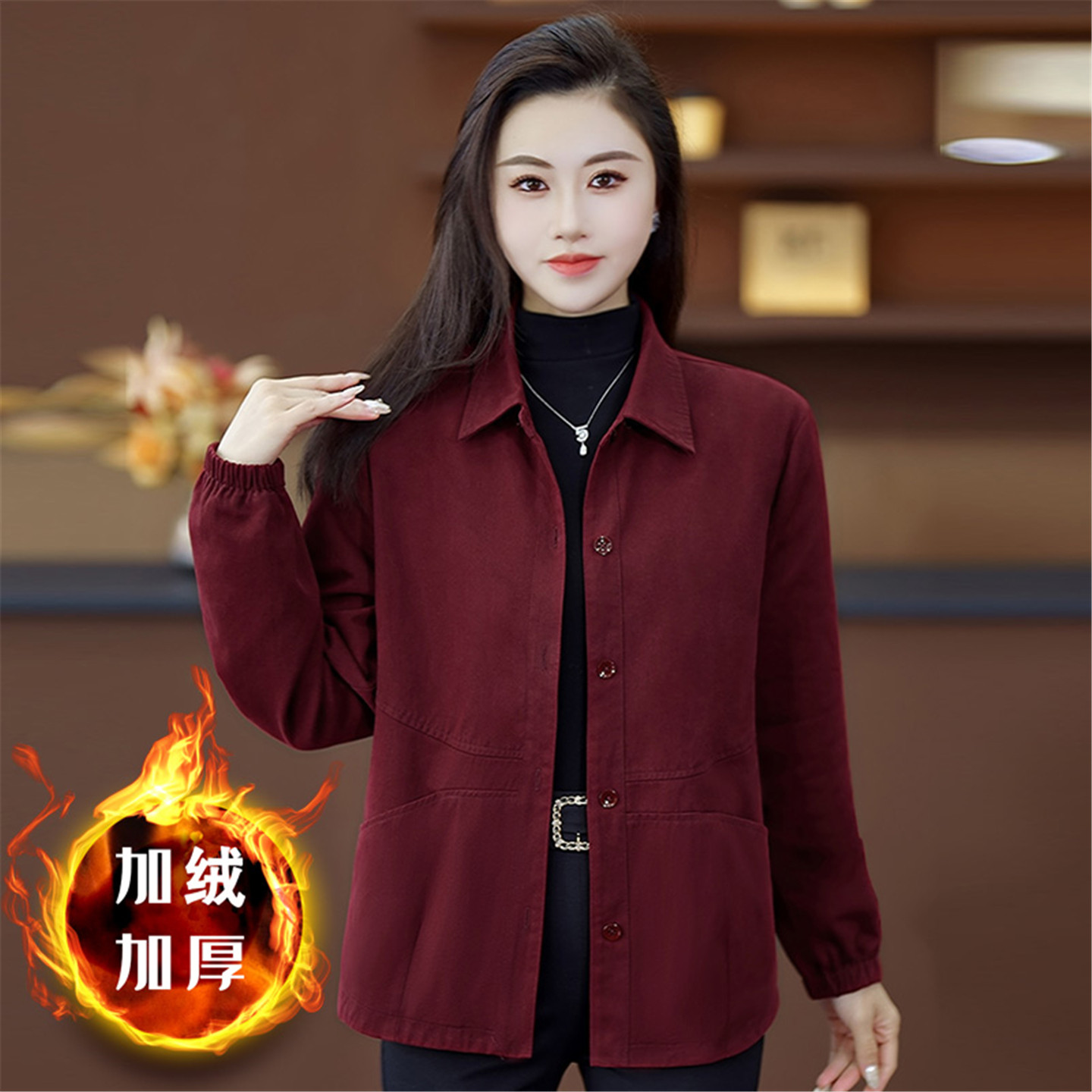 中长款加绒加厚保暖衬衫外套上衣