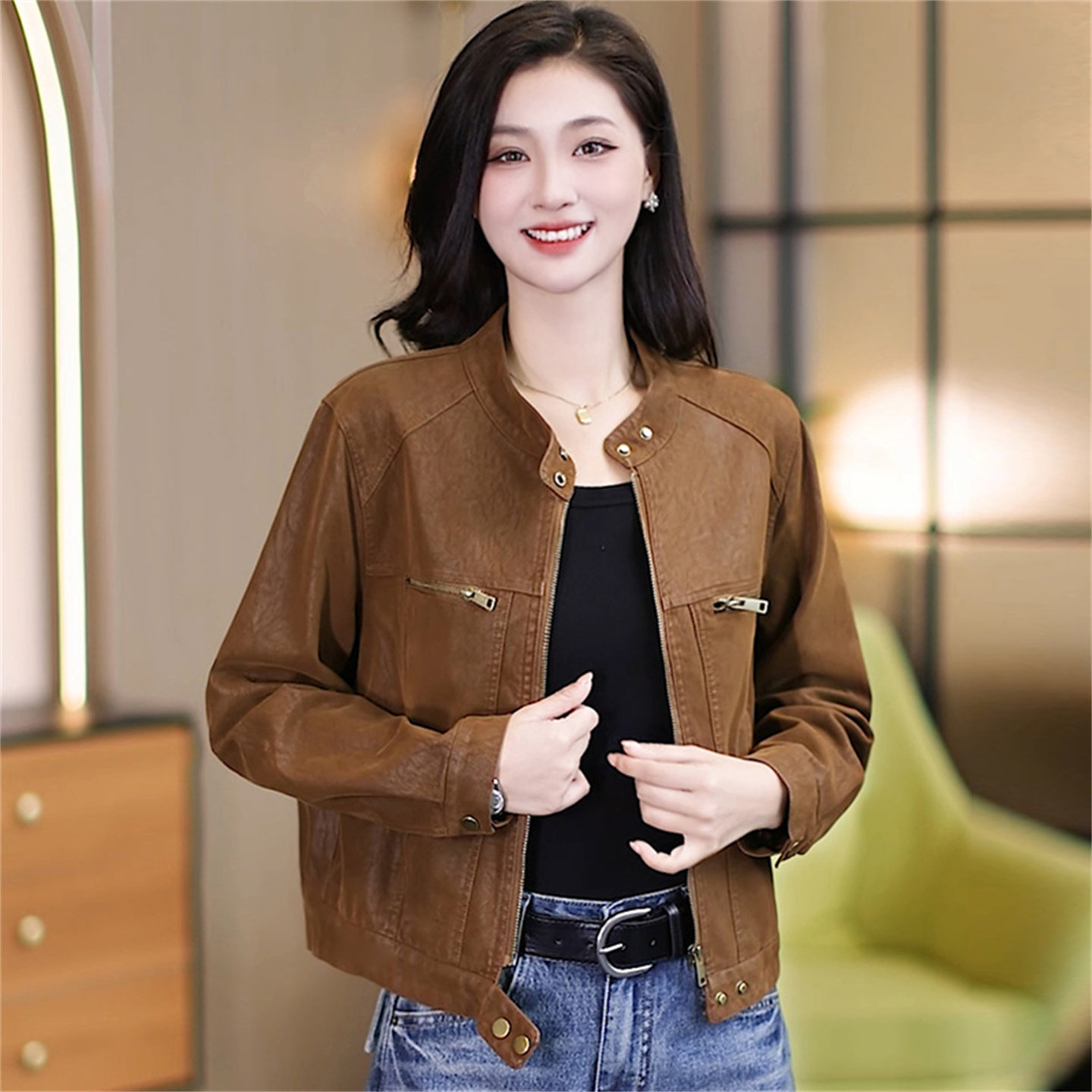 复古立领短款机车皮夹克女秋显瘦