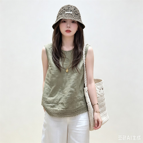 夏季苎麻无袖宽松显瘦蕾丝衬衫女