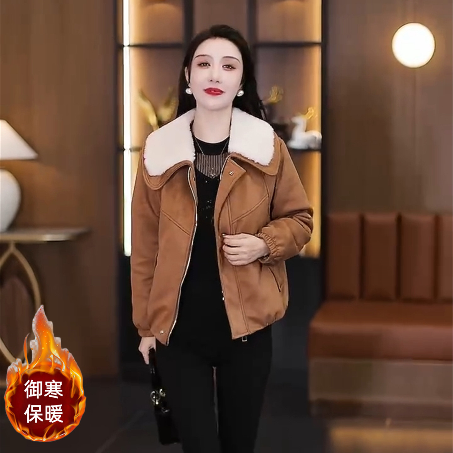 复古毛领加绒加厚夹克外套女短款