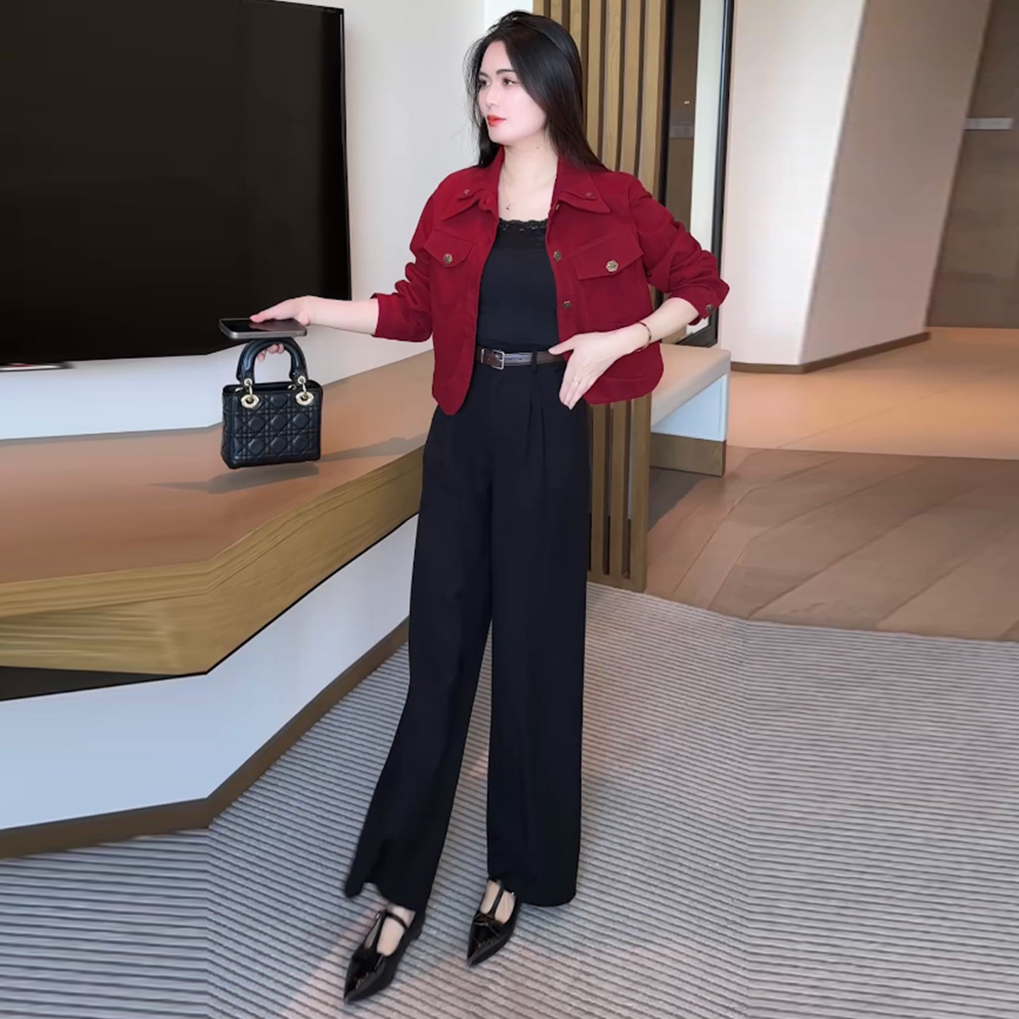 春秋短款牛仔外套女红色显瘦夹克
