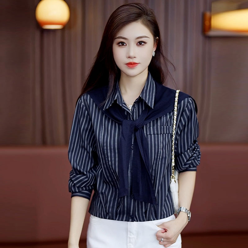 早秋新款时尚洋气减龄条纹衬衫