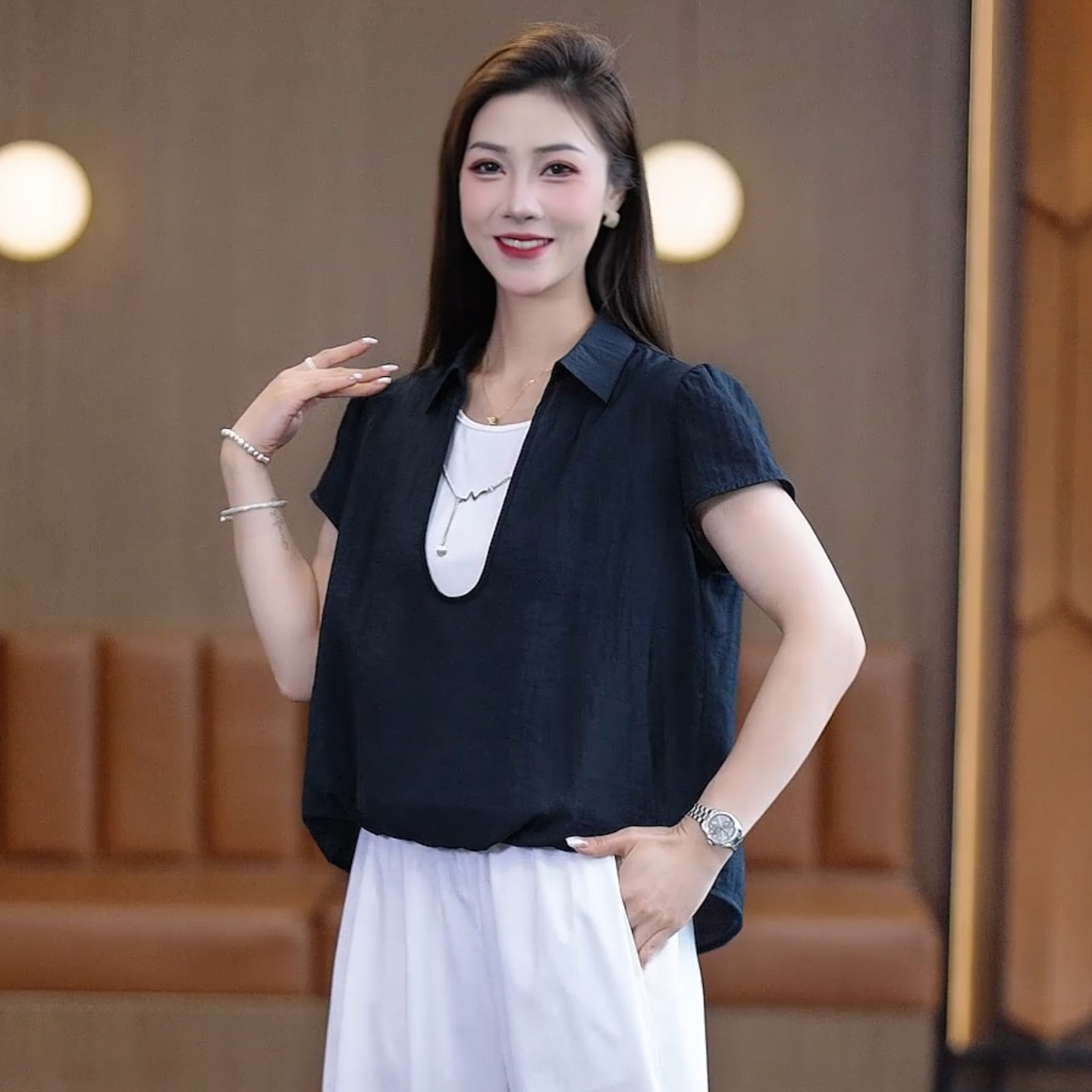 韩版假两件撞色拼接短袖衬衫女夏
