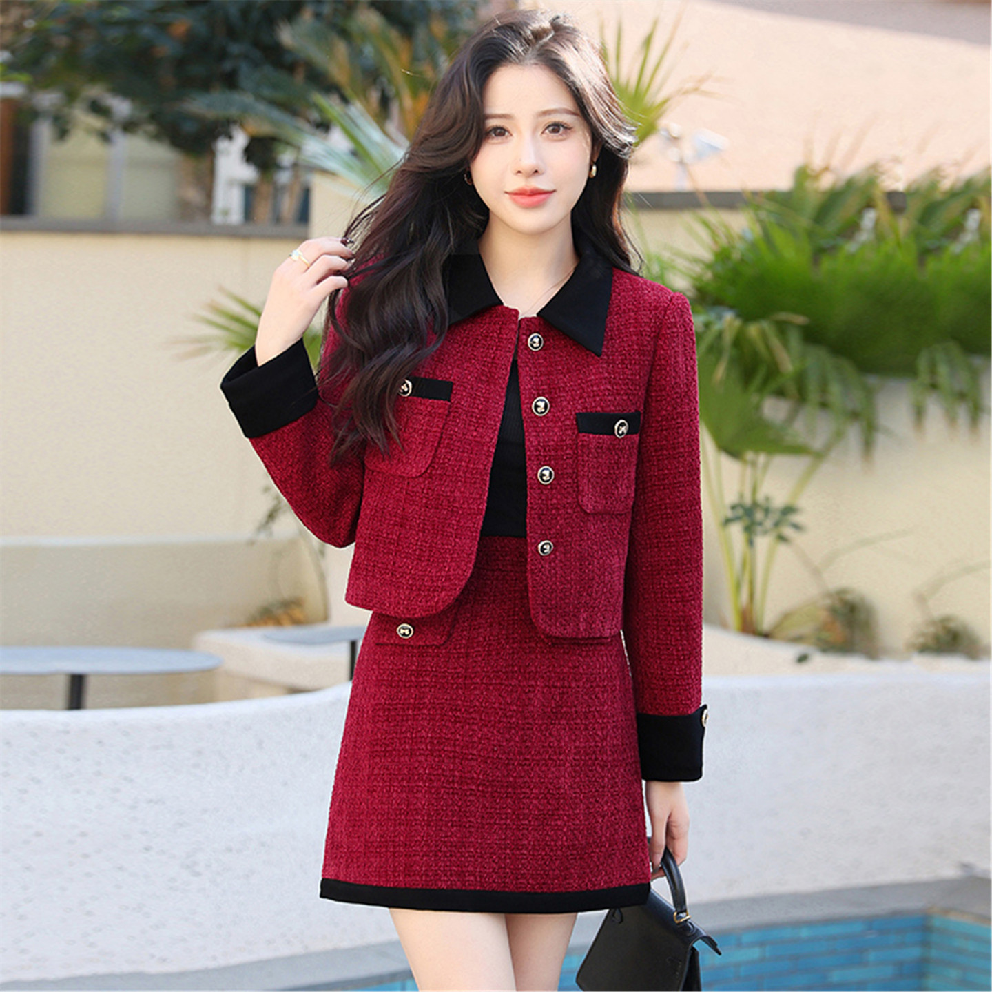 小香风套装裙女2025春秋新款显瘦气质名媛毛呢短外套半身裙两件套