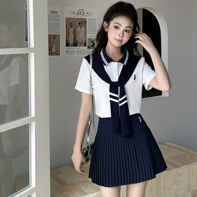 学院风海军领短袖衬衫百褶裙套装