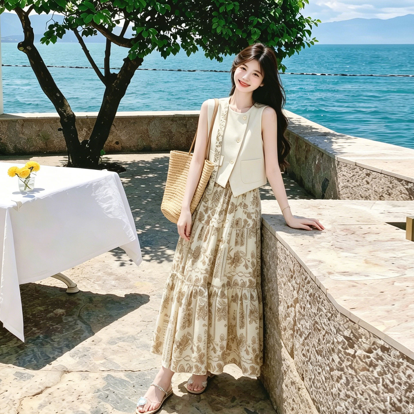 夏季度假风V领印花连衣裙两件套