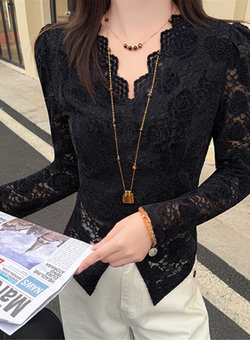 黑色蕾丝长袖上衣女早秋打底衫别致独特漂亮小衫气质内搭长袖t恤