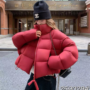新年红短款泡芙羽绒服女冬季宽松立领50白鸭绒加厚保暖面包服外套