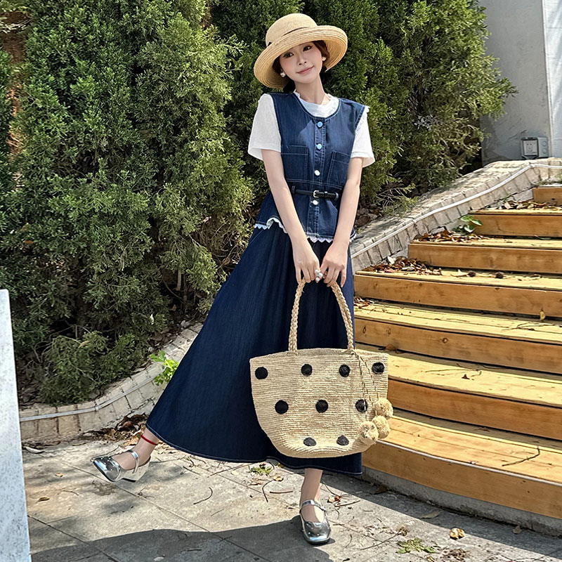 牛仔连衣裙套装裙女夏季2025新款复古文艺收腰短上衣半身裙两件套