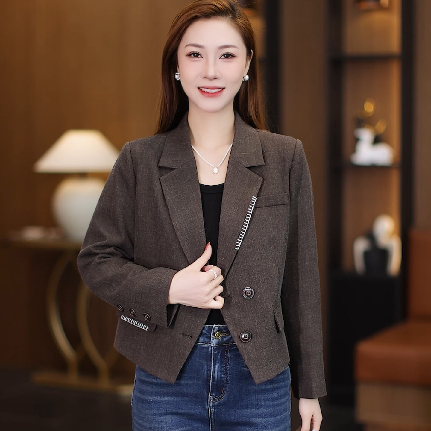 春秋短款双排扣小个子西装外套女