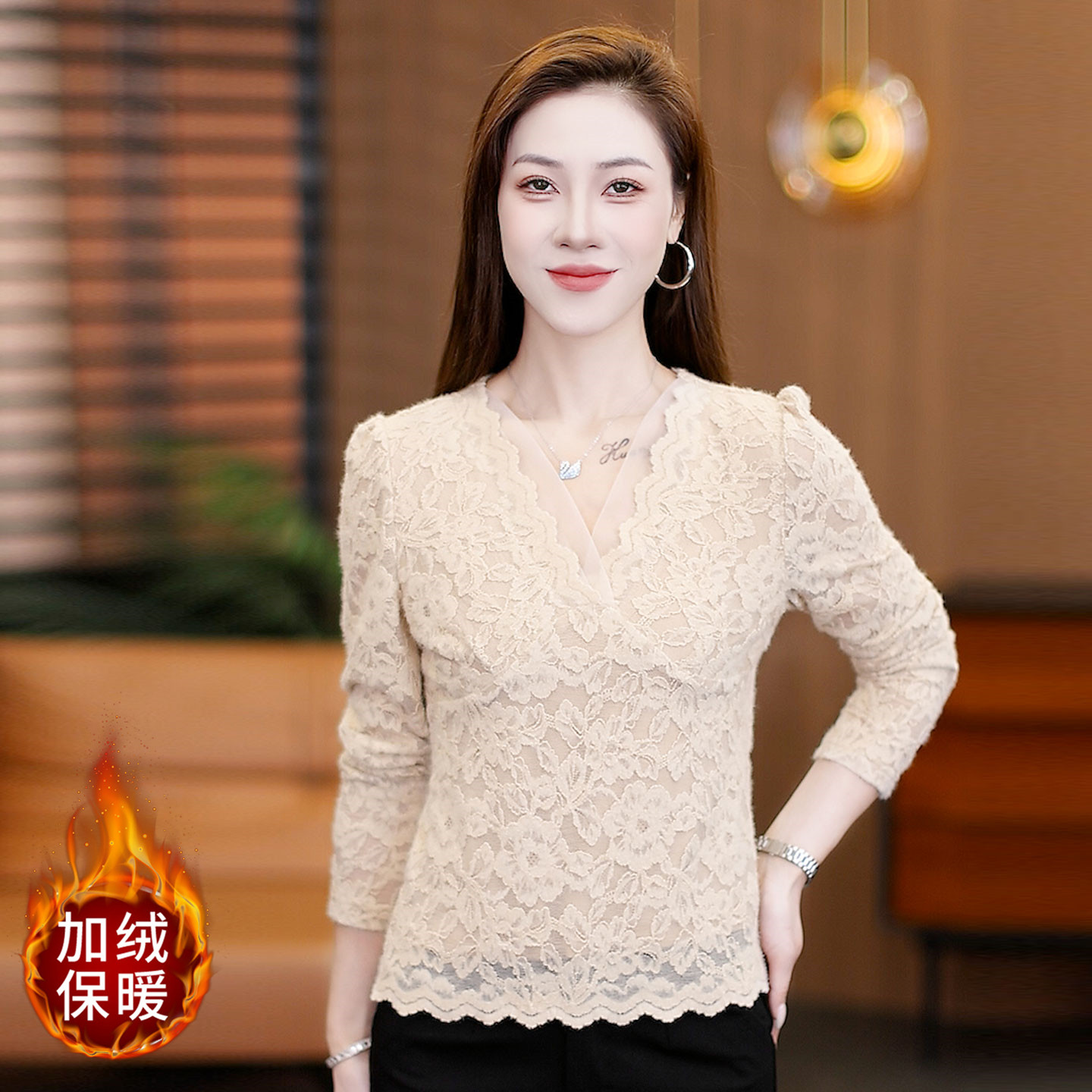 加绒蕾丝打底衫女V领长袖保暖t恤