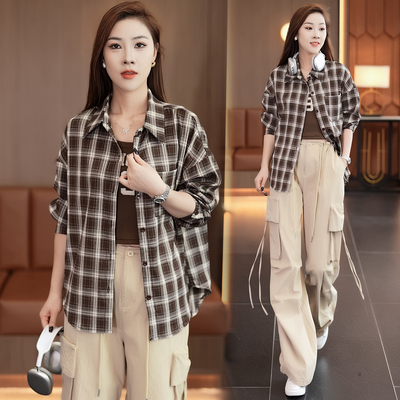格子衬衫外套工装阔腿裤休闲套装
