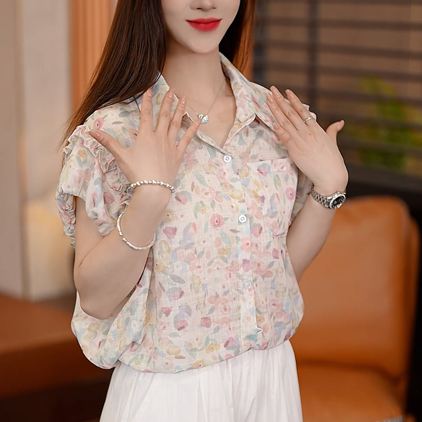 港风碎花短袖抽绳减龄衬衫女上衣
