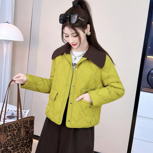 高级感菱格纹棉服女翻领拼接加厚保暖外套2025新款冬季棉衣棉袄子