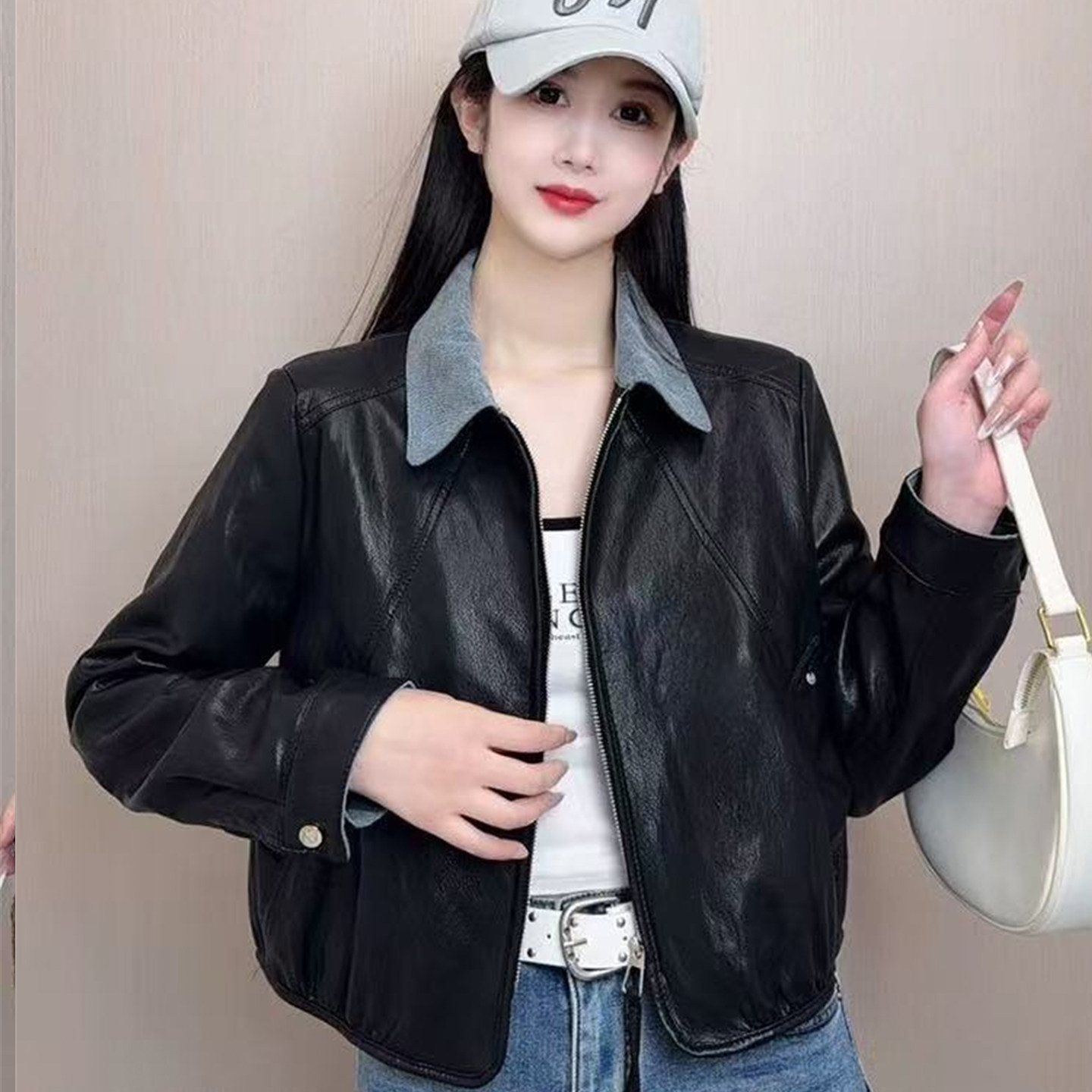 复古拼接牛仔短款PU皮衣女减龄春